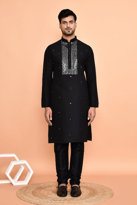 Buy_Arihant Rai Sinha_Black Silk Mirrors Cluster Kurta With Churidar _Online_at_Aza_Fashions