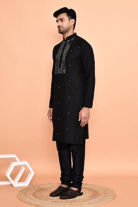 Shop_Arihant Rai Sinha_Black Silk Mirrors Cluster Kurta With Churidar _Online_at_Aza_Fashions
