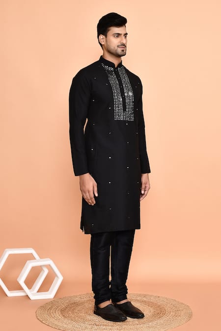Arihant Rai Sinha_Black Silk Mirrors Cluster Kurta With Churidar _at_Aza_Fashions