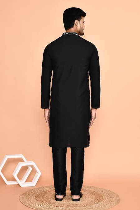 Shop_Arihant Rai Sinha_Black Silk Mirrors Broken Stripe Kurta With Churidar _at_Aza_Fashions