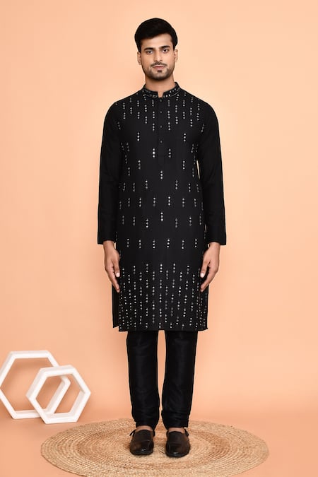 Buy_Arihant Rai Sinha_Black Silk Mirrors Broken Stripe Kurta With Churidar _Online_at_Aza_Fashions