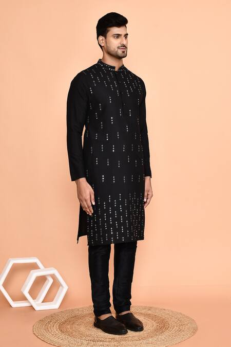 Arihant Rai Sinha_Black Silk Mirrors Broken Stripe Kurta With Churidar _at_Aza_Fashions