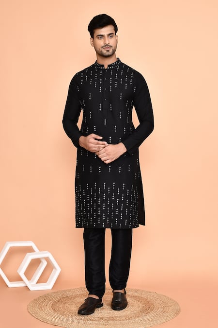 Buy_Arihant Rai Sinha_Black Silk Mirrors Broken Stripe Kurta With Churidar 