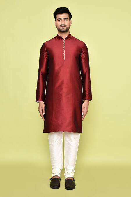 Buy_Arihant Rai Sinha_Maroon Silk Plain Kurta With Churidar _Online_at_Aza_Fashions