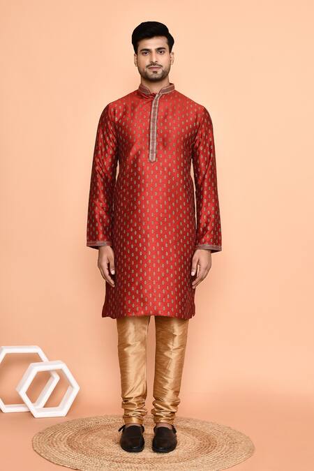 Buy_Arihant Rai Sinha_Maroon Silk Embroidery Floral Butti Print Kurta With Churidar_Online_at_Aza_Fashions