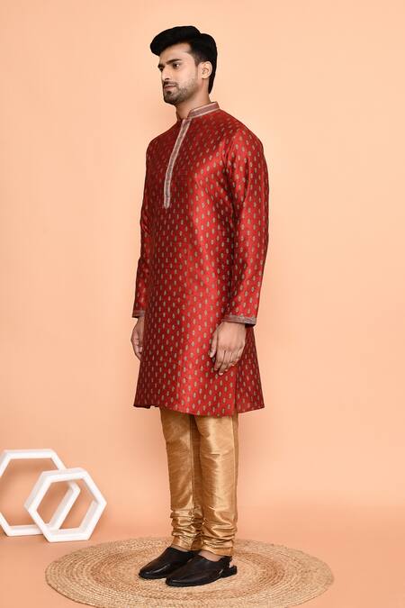 Shop_Arihant Rai Sinha_Maroon Silk Embroidery Floral Butti Print Kurta With Churidar_Online_at_Aza_Fashions