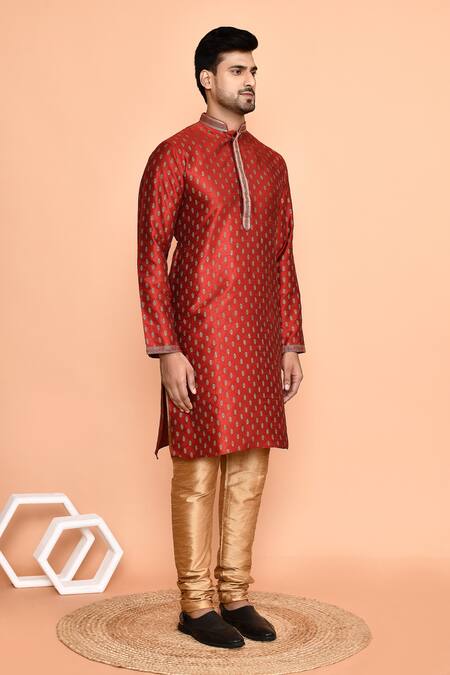 Arihant Rai Sinha_Maroon Silk Embroidery Floral Butti Print Kurta With Churidar_at_Aza_Fashions