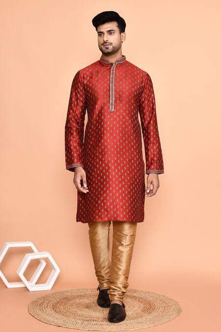 Buy_Arihant Rai Sinha_Maroon Silk Embroidery Floral Butti Print Kurta With Churidar