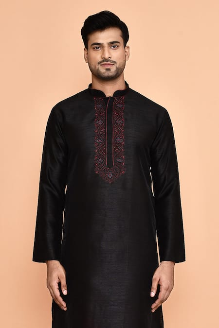 Buy_Arihant Rai Sinha_Black Denim, Silk Embroidery Flora Vine Placket Kurta With Churidar _Online_at_Aza_Fashions