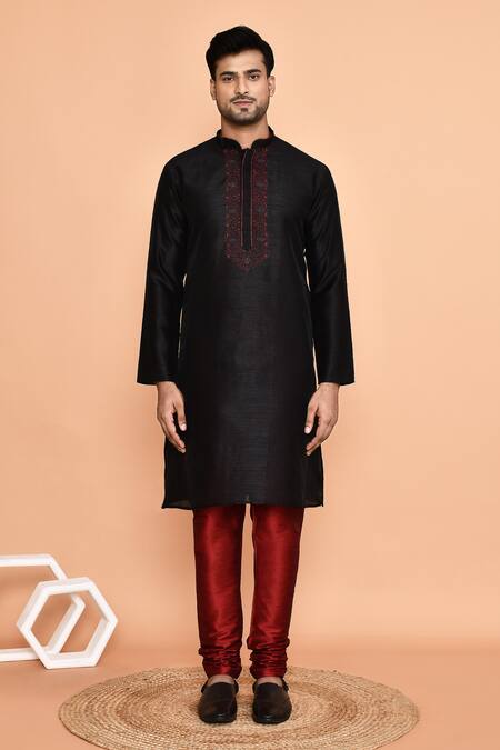 Shop_Arihant Rai Sinha_Black Denim, Silk Embroidery Flora Vine Placket Kurta With Churidar _Online_at_Aza_Fashions
