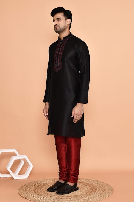 Arihant Rai Sinha_Black Denim, Silk Embroidery Flora Vine Placket Kurta With Churidar _at_Aza_Fashions