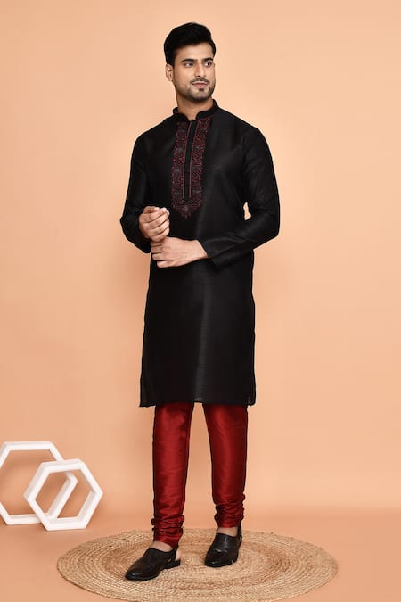 Buy_Arihant Rai Sinha_Black Denim, Silk Embroidery Flora Vine Placket Kurta With Churidar 