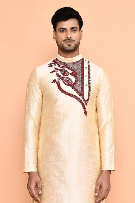 Buy_Arihant Rai Sinha_Beige Silk, Denim Embroidery Paisley Bloom Kurta With Churidar _Online_at_Aza_Fashions