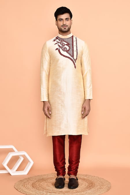 Shop_Arihant Rai Sinha_Beige Silk, Denim Embroidery Paisley Bloom Kurta With Churidar _Online_at_Aza_Fashions