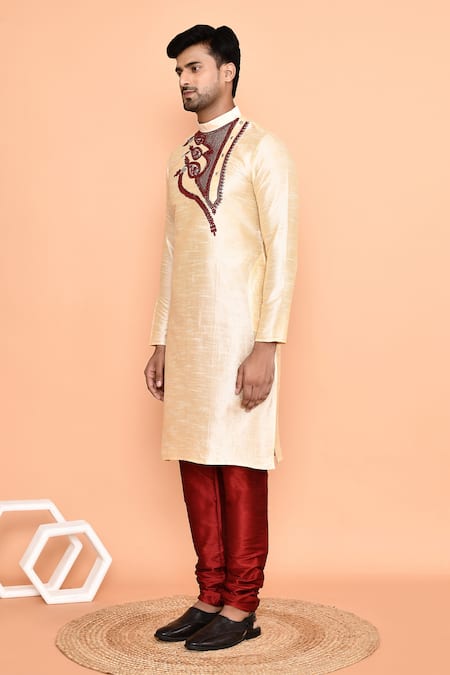 Arihant Rai Sinha_Beige Silk, Denim Embroidery Paisley Bloom Kurta With Churidar _at_Aza_Fashions