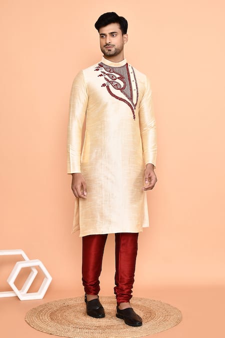 Buy_Arihant Rai Sinha_Beige Silk, Denim Embroidery Paisley Bloom Kurta With Churidar 