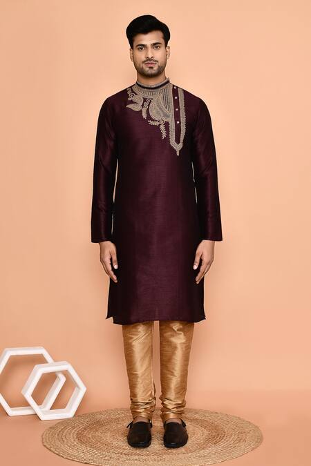 Buy_Arihant Rai Sinha_Wine Silk Embroidery Gul Kurta With Churidar _Online_at_Aza_Fashions