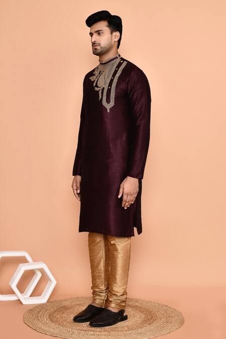 Shop_Arihant Rai Sinha_Wine Silk Embroidery Gul Kurta With Churidar _Online_at_Aza_Fashions