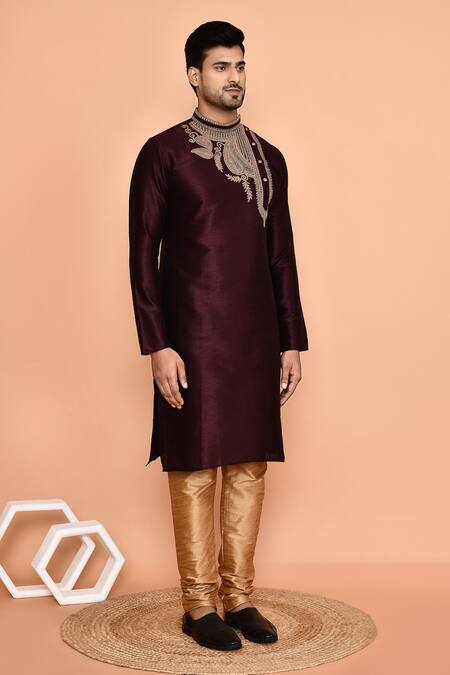 Arihant Rai Sinha_Wine Silk Embroidery Gul Kurta With Churidar _at_Aza_Fashions