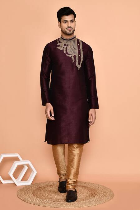 Buy_Arihant Rai Sinha_Wine Silk Embroidery Gul Kurta With Churidar 