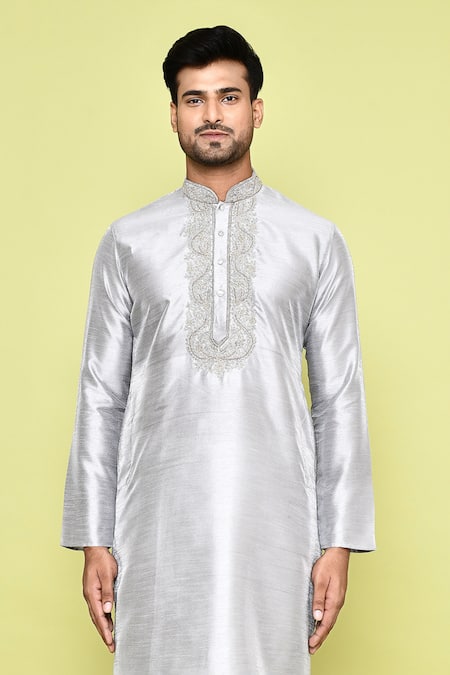 Buy_Arihant Rai Sinha_Grey Silk, Denim Embroidery Crest Bloom Placket Kurta With Churidar _Online_at_Aza_Fashions