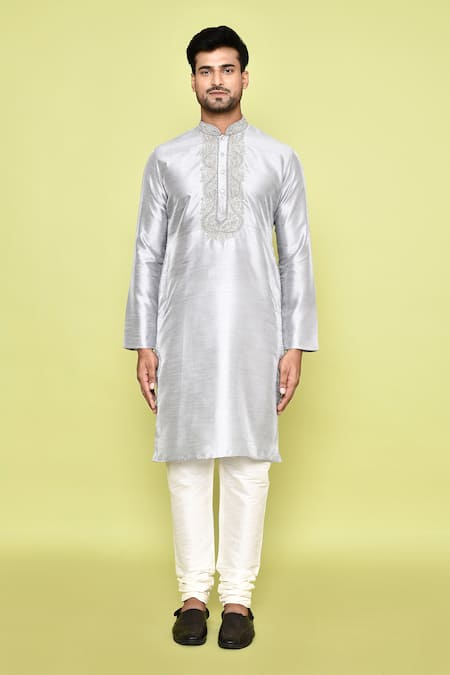 Shop_Arihant Rai Sinha_Grey Silk, Denim Embroidery Crest Bloom Placket Kurta With Churidar _Online_at_Aza_Fashions