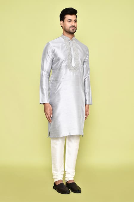 Arihant Rai Sinha_Grey Silk, Denim Embroidery Crest Bloom Placket Kurta With Churidar _at_Aza_Fashions