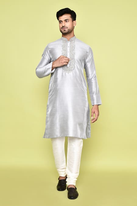 Buy_Arihant Rai Sinha_Grey Silk, Denim Embroidery Crest Bloom Placket Kurta With Churidar 