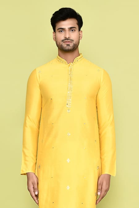 Buy_Arihant Rai Sinha_Yellow Silk Mirrors Floweret Embroidered Kurta With Churidar _Online_at_Aza_Fashions