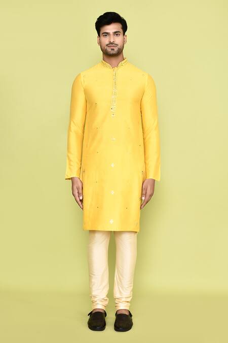 Shop_Arihant Rai Sinha_Yellow Silk Mirrors Floweret Embroidered Kurta With Churidar _Online_at_Aza_Fashions