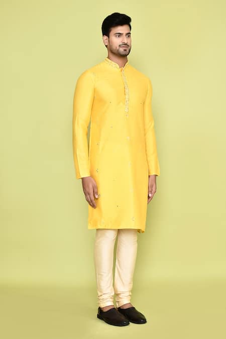 Arihant Rai Sinha_Yellow Silk Mirrors Floweret Embroidered Kurta With Churidar _at_Aza_Fashions