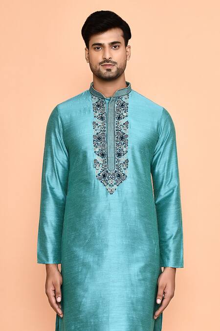 Buy_Arihant Rai Sinha_Blue Silk Embroidery Garden Bloom Kurta With Churidar _Online_at_Aza_Fashions