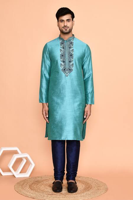 Shop_Arihant Rai Sinha_Blue Silk Embroidery Garden Bloom Kurta With Churidar _Online_at_Aza_Fashions