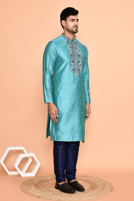 Arihant Rai Sinha_Blue Silk Embroidery Garden Bloom Kurta With Churidar _at_Aza_Fashions