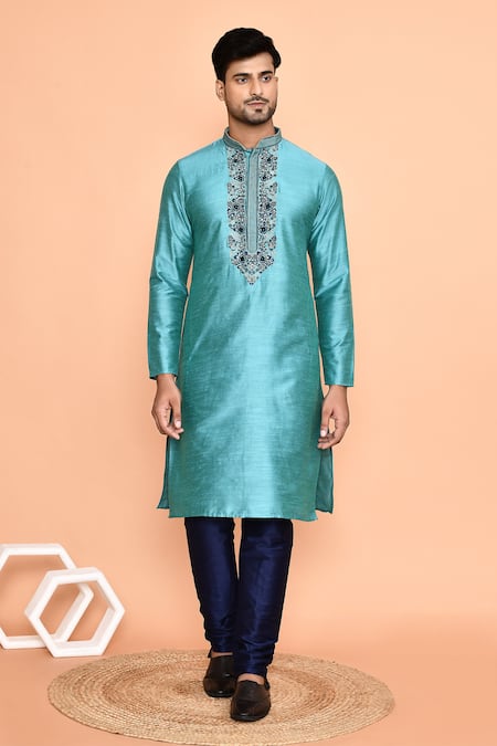 Buy_Arihant Rai Sinha_Blue Silk Embroidery Garden Bloom Kurta With Churidar 