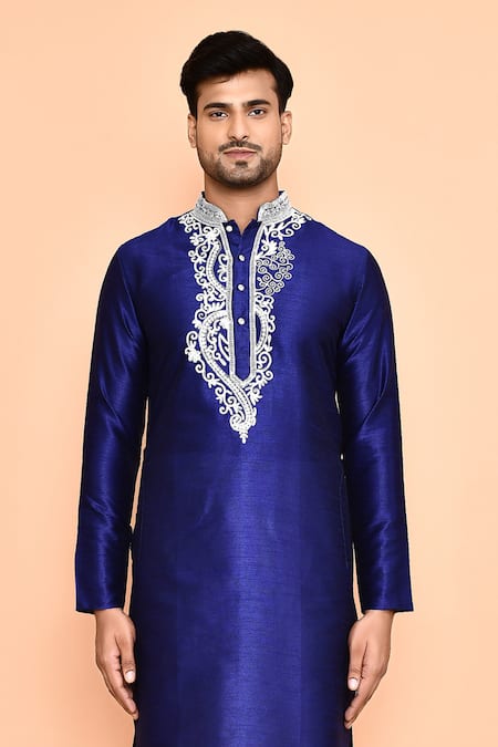 Buy_Arihant Rai Sinha_Blue Silk, Cotton Embroidery Persian Bloom Kurta With Churidar _Online_at_Aza_Fashions