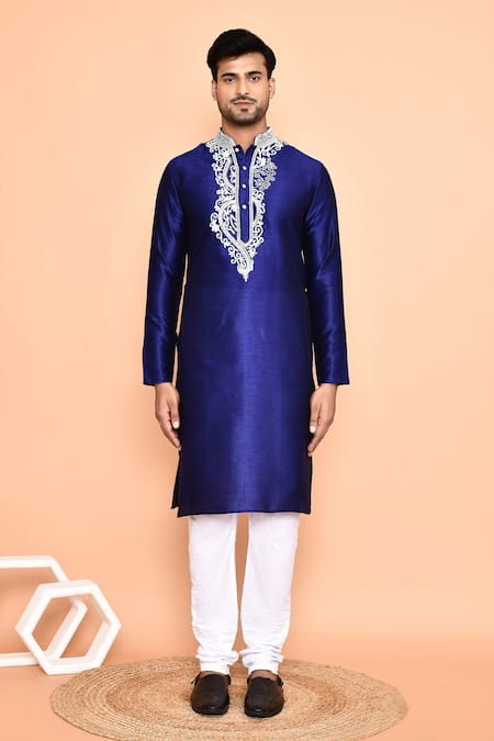 Shop_Arihant Rai Sinha_Blue Silk, Cotton Embroidery Persian Bloom Kurta With Churidar _Online_at_Aza_Fashions