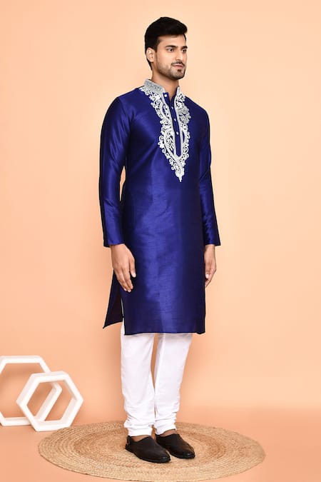 Arihant Rai Sinha_Blue Silk, Cotton Embroidery Persian Bloom Kurta With Churidar _at_Aza_Fashions