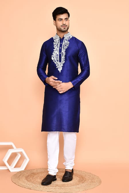 Buy_Arihant Rai Sinha_Blue Silk, Cotton Embroidery Persian Bloom Kurta With Churidar 