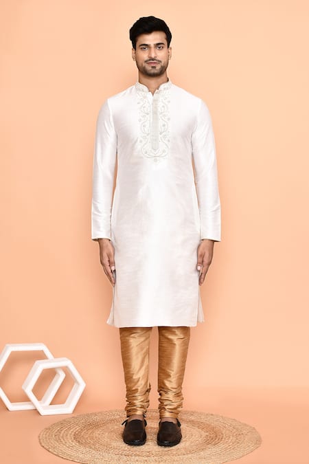 Buy_Arihant Rai Sinha_Cream Silk, Denim Embroidery Bloom Swerve Yoke Kurta With Churidar _Online_at_Aza_Fashions
