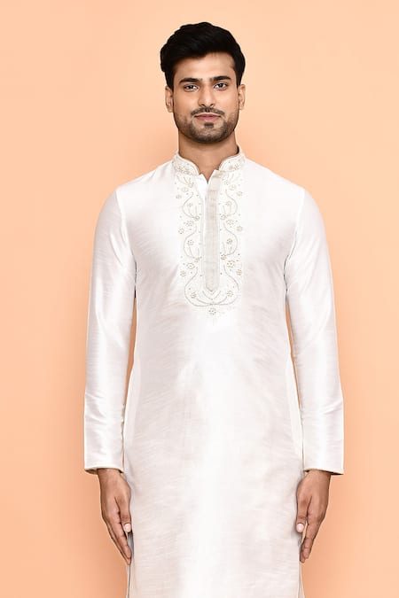 Shop Arihant Rai Sinha Cream Silk, Denim Embroidery Bloom Swerve Yoke Kurta With Churidar Online at Aza Fashions Shop_Arihant Rai Sinha_Cream Silk, Denim Embroidery Bloom Swerve Yoke Kurta With Churidar _Online_at_Aza_Fashions