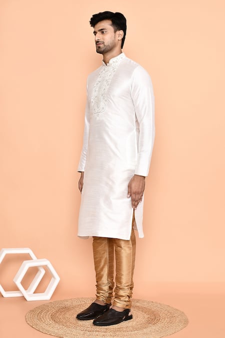 Arihant Rai Sinha_Cream Silk, Denim Embroidery Bloom Swerve Yoke Kurta With Churidar _at_Aza_Fashions