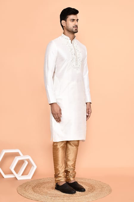 Buy_Arihant Rai Sinha_Cream Silk, Denim Embroidery Bloom Swerve Yoke Kurta With Churidar 