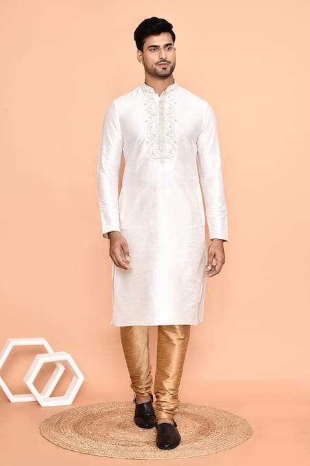 Shop_Arihant Rai Sinha_Cream Silk, Denim Embroidery Bloom Swerve Yoke Kurta With Churidar 