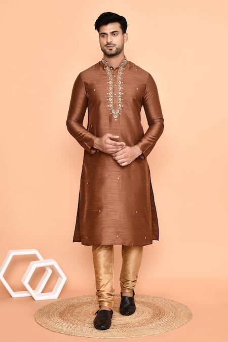 Arihant Rai Sinha Brown Dupion Embroidery Wildbloom Mirror Kurta With Churidar 