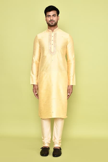 Buy_Arihant Rai Sinha_Yellow Silk, Denim Embroidery Diamond Vine Kurta With Churidar _Online_at_Aza_Fashions