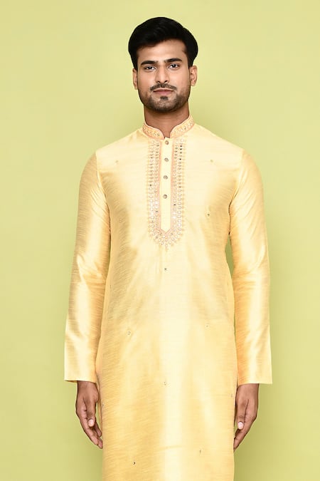 Shop_Arihant Rai Sinha_Yellow Silk, Denim Embroidery Diamond Vine Kurta With Churidar _Online_at_Aza_Fashions