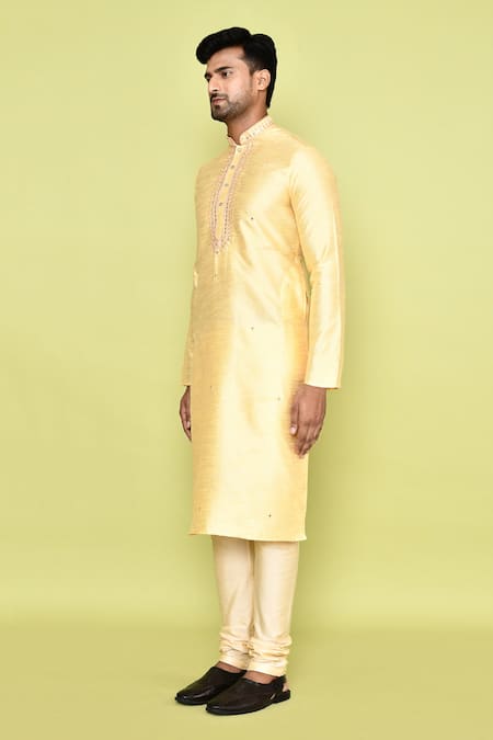Arihant Rai Sinha_Yellow Silk, Denim Embroidery Diamond Vine Kurta With Churidar _at_Aza_Fashions