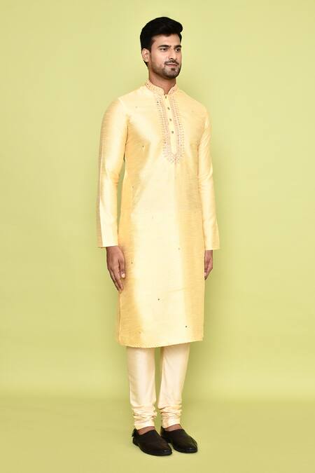 Buy_Arihant Rai Sinha_Yellow Silk, Denim Embroidery Diamond Vine Kurta With Churidar 
