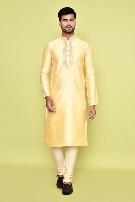 Shop_Arihant Rai Sinha_Yellow Silk, Denim Embroidery Diamond Vine Kurta With Churidar 